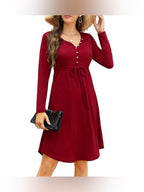 Long Sleeve Casual V-Neck Tunic Shift Midi Dress