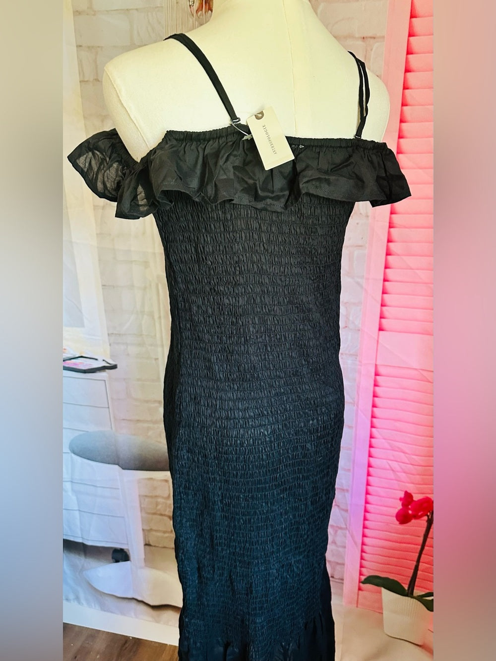 Anthropologie Black Smocked Ruffle Off-Shoulder Dress