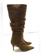 Genuine Suede Slouchy Pointed Toe Heel Boots in Olive Green