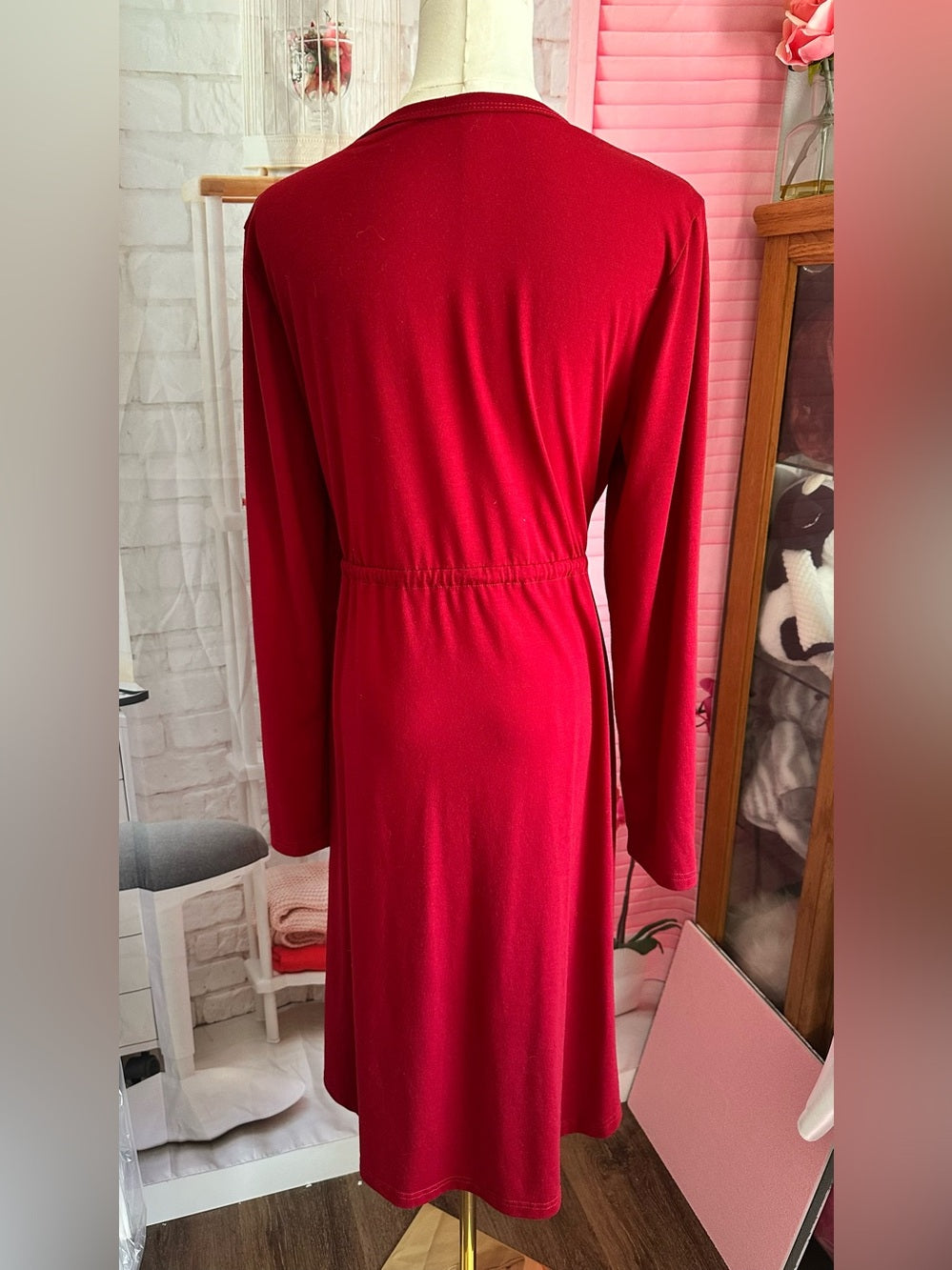 Long Sleeve Casual V-Neck Tunic Shift Midi Dress