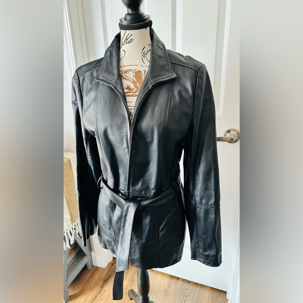 Women's Black Leather Belted Jacket