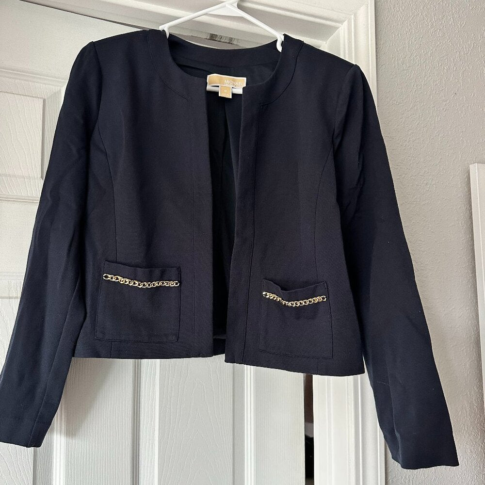 Navy Blue Blazer with Gold Chain Accents