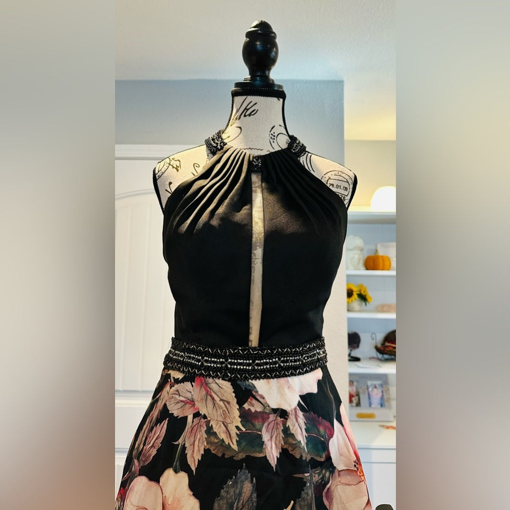 Chic Floral A-Line Party Dress in Black and Pink