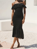 Anthropologie Black Smocked Ruffle Off-Shoulder Dress