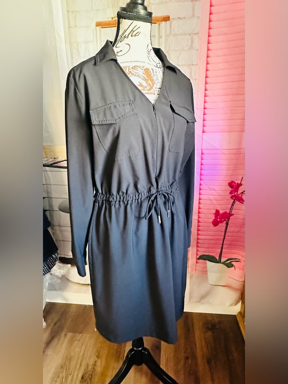 Calvin Klein Black Long-Sleeve Drawstring Shirt Dress