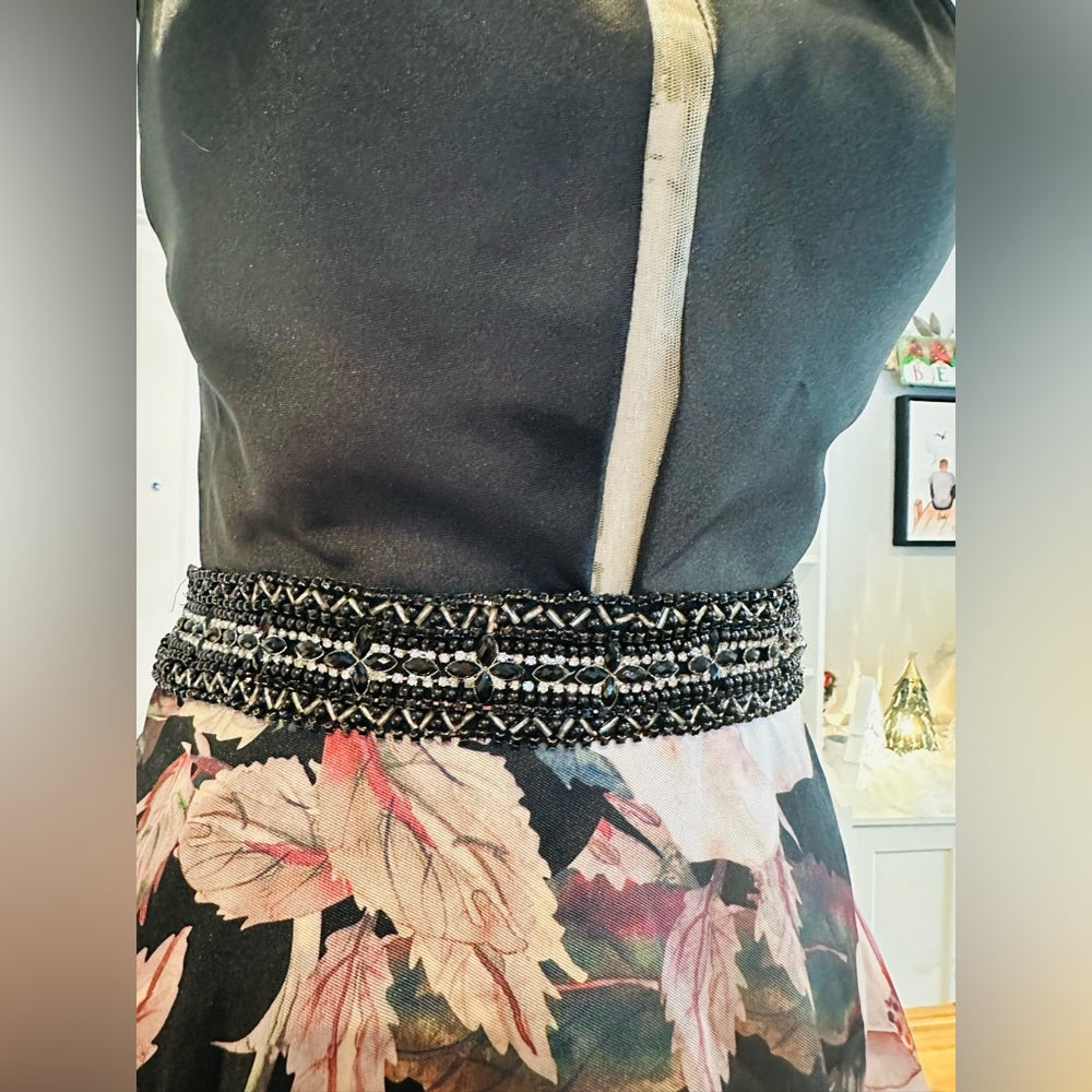 Chic Floral A-Line Party Dress in Black and Pink
