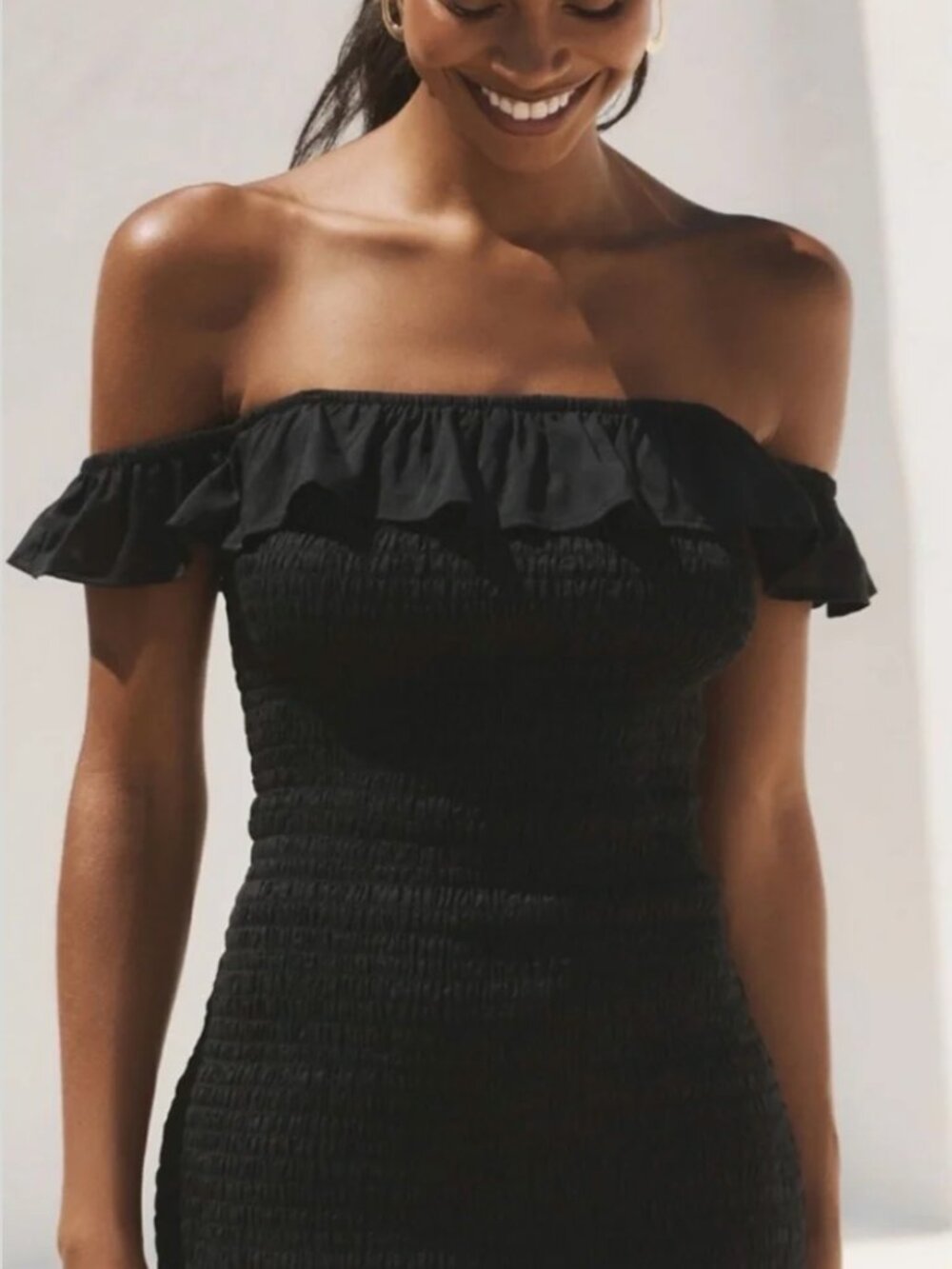 Anthropologie Black Smocked Ruffle Off-Shoulder Dress