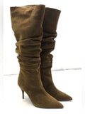 Genuine Suede Slouchy Pointed Toe Heel Boots in Olive Green