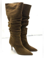 Genuine Suede Slouchy Pointed Toe Heel Boots in Olive Green