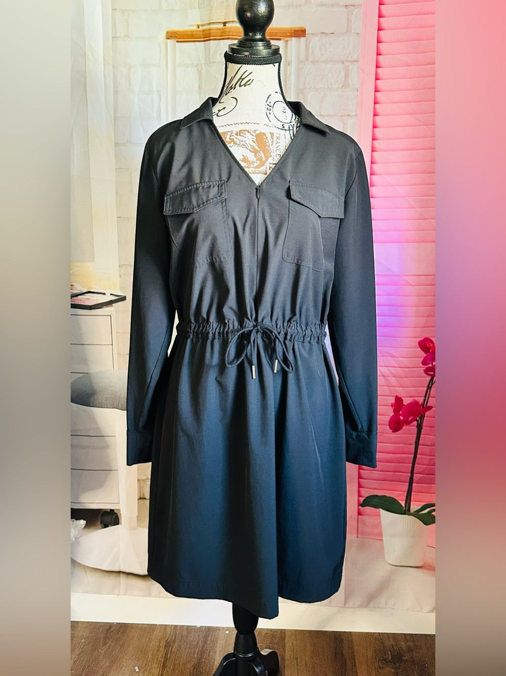 Calvin Klein Black Long-Sleeve Drawstring Shirt Dress
