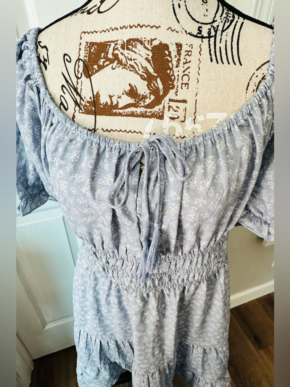 indulge Light Blue Floral Smocked Waist Off-Shoulder Dress